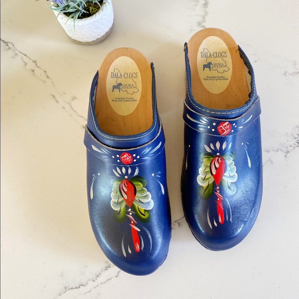 Dala Swedish wood clogs, navy blue leather